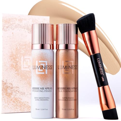 LUMINESS Silk Airbrush Spray Foundation Kit de 3 piezas – base, prebase y brocha de maquillaje en ángulo de doble cara – Cobertura modulable, fórmula antienvejecimiento, resistente a la humedad