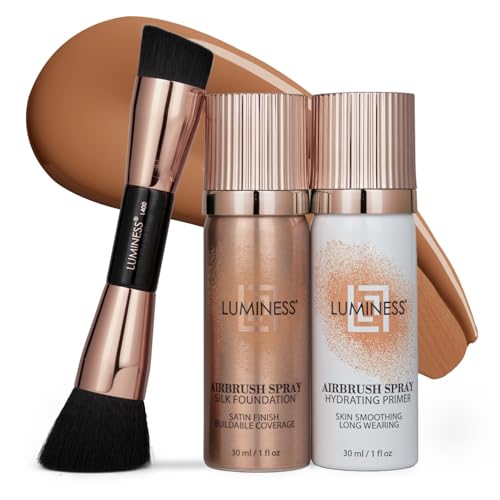 LUMINESS Silk Airbrush Spray Foundation Kit de 3 piezas – base, prebase y brocha de maquillaje en ángulo de doble cara – Cobertura modulable, fórmula antienvejecimiento, resistente a la humedad