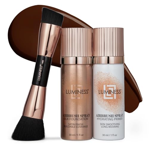 LUMINESS Silk Airbrush Spray Foundation Kit de 3 piezas – base, prebase y brocha de maquillaje en ángulo de doble cara – Cobertura modulable, fórmula antienvejecimiento, resistente a la humedad