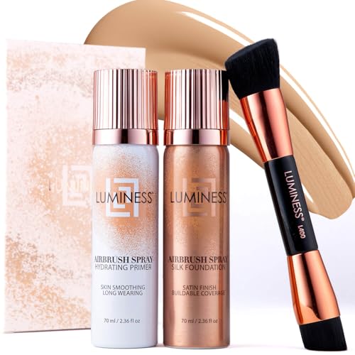 LUMINESS Silk Airbrush Spray Foundation Kit de 3 piezas – base, prebase y brocha de maquillaje en ángulo de doble cara – Cobertura modulable, fórmula antienvejecimiento, resistente a la humedad