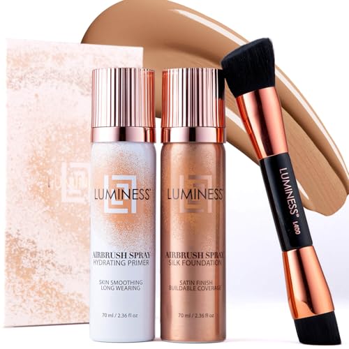 LUMINESS Silk Airbrush Spray Foundation Kit de 3 piezas – base, prebase y brocha de maquillaje en ángulo de doble cara – Cobertura modulable, fórmula antienvejecimiento, resistente a la humedad